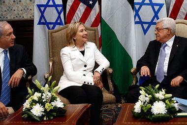 U.S. Secretary of State Hillary Rodham Clinton (middle) hosts direct talks between Palestinian President Mahmoud Abbas (right) and Israeli Prime Minister Benjamin Netanyahu (left) in Sharm El Sheikh, Egypt, on September 14, 2010.