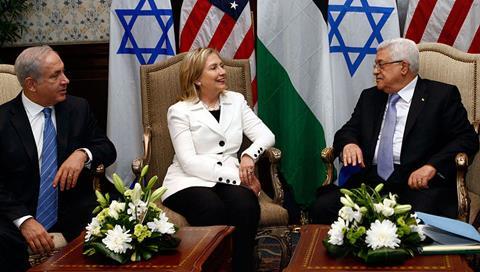 U.S. Secretary of State Hillary Rodham Clinton (middle) hosts direct talks between Palestinian President Mahmoud Abbas (right) and Israeli Prime Minister Benjamin Netanyahu (left) in Sharm El Sheikh, Egypt, on September 14, 2010.