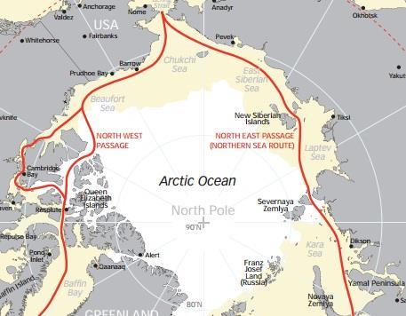 A land of opportunity? Map of the Arctic and shipping lanes