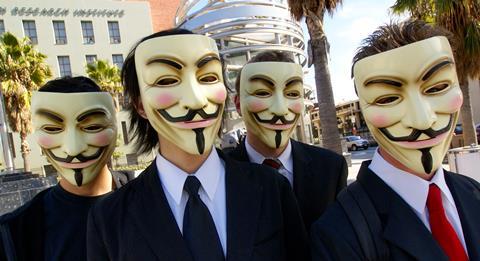 Anonymous with Guy Fawkes masks at Scientology in Los Angeles